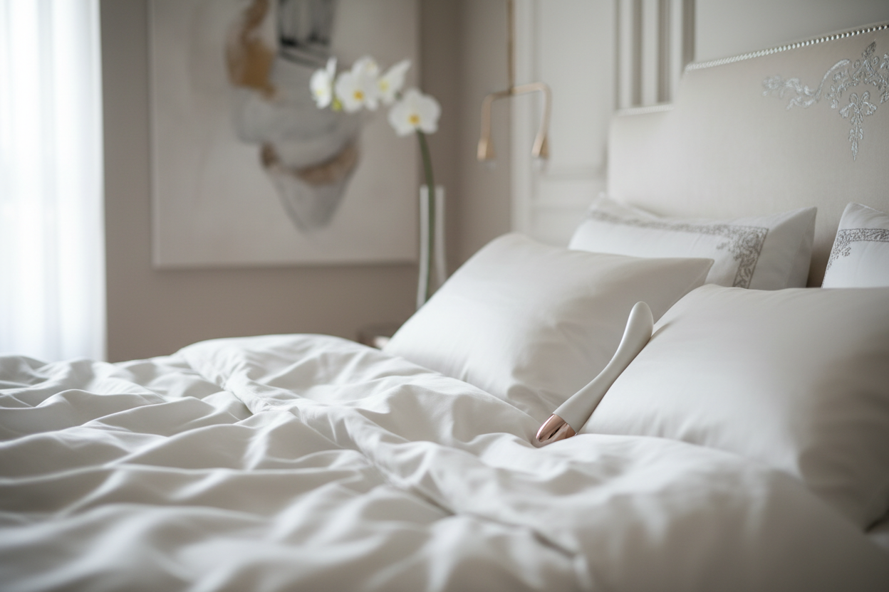 Cama con sábanas de seda blancas